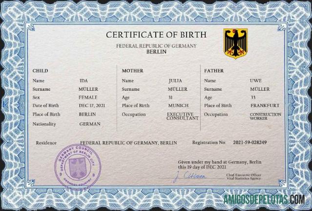 Realista modelo PSD de certidão de nascimento de registro vital da Alemanha